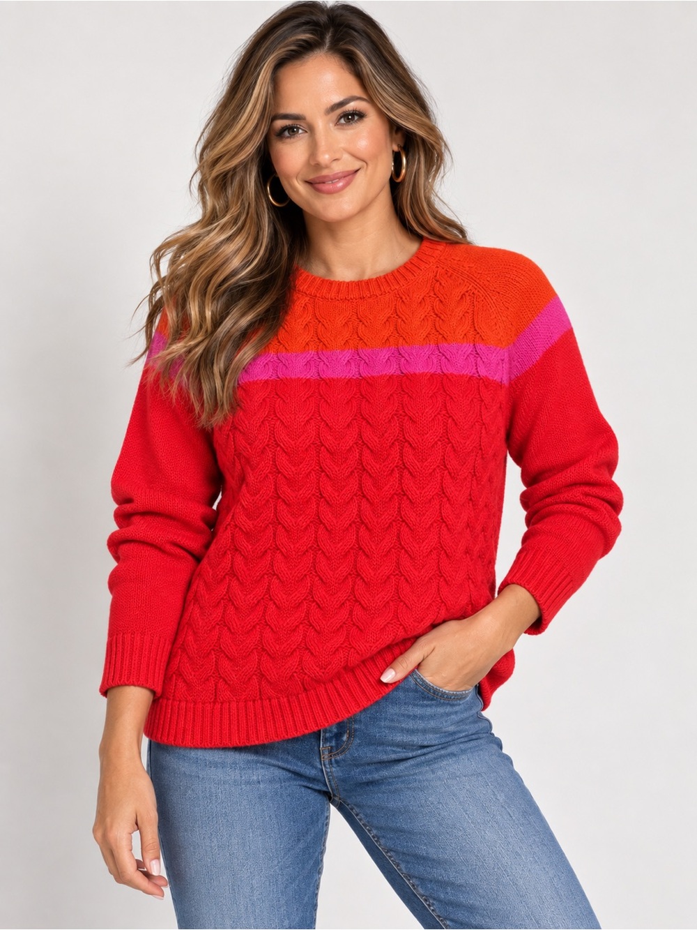 VTG Lands’ End Drifter Cotton Sweater L Red Orange Pink Colorblock Cable Knit